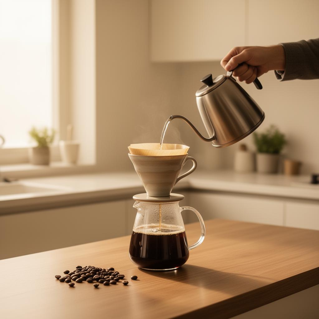 Pour-over coffee being brewed in a warm home kitchen